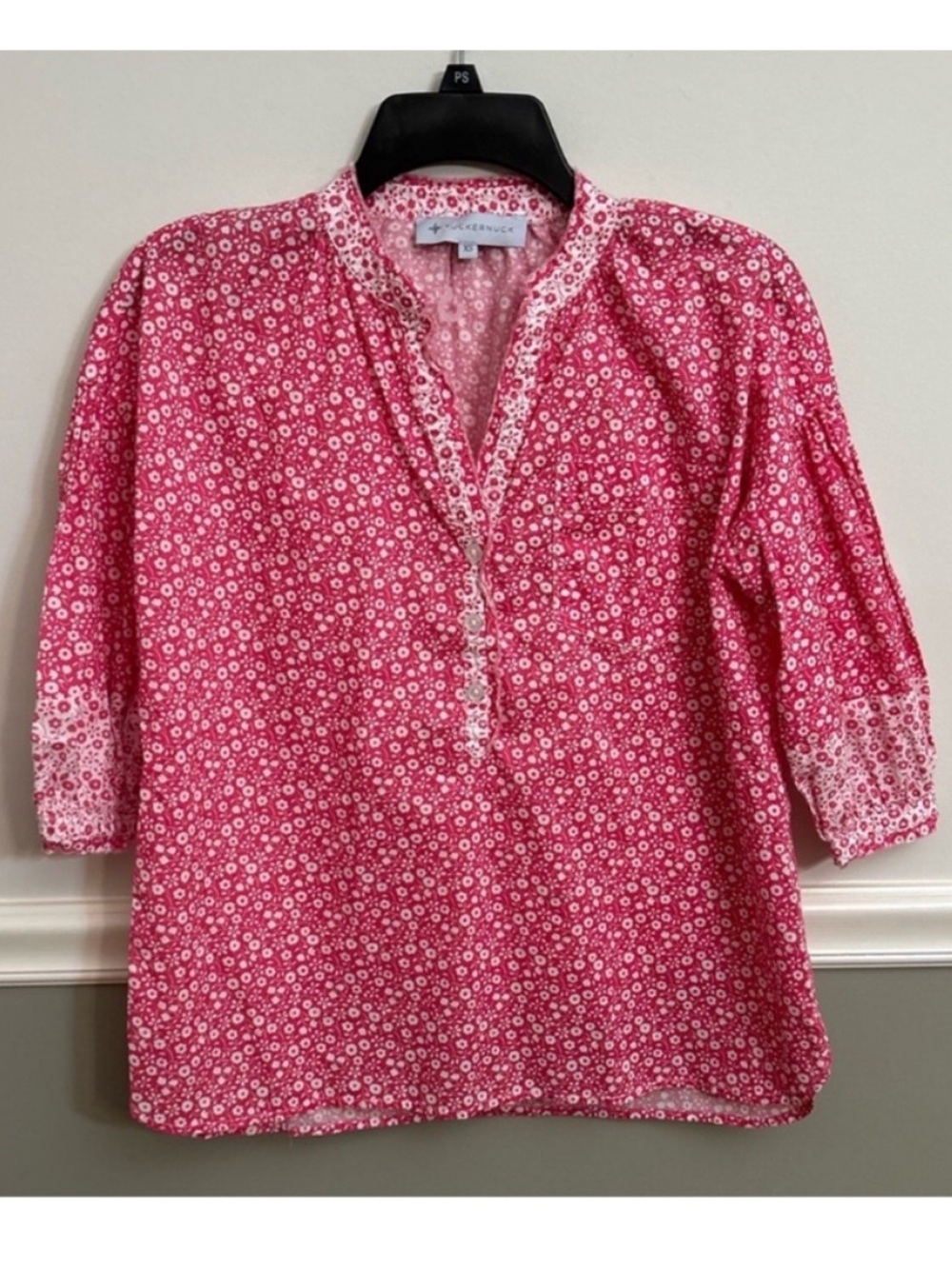 Tuckernuck Pink White Floral V-Neck 3/4 Sleeve Lightweight Top Extra Small